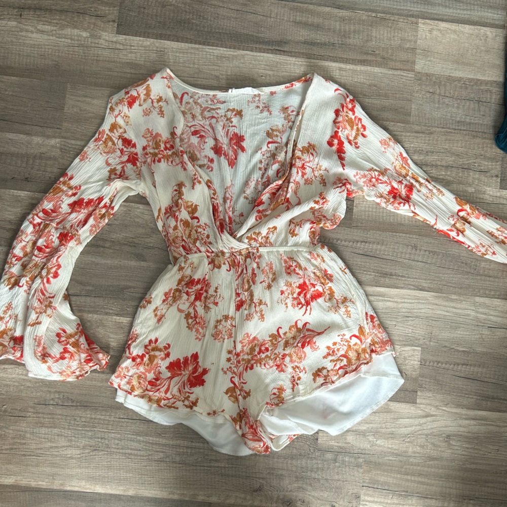 White and red floral long sleeve romper